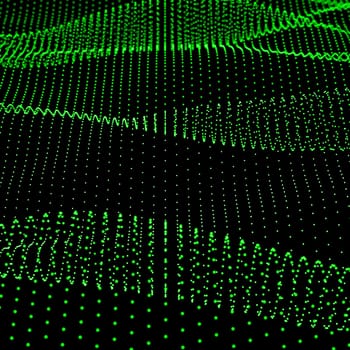 Abstract bokeh dots waves. Green on black.