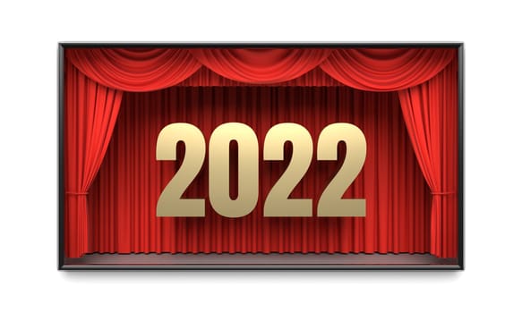 Red stage curtains on home cinema revealing year 2022 number. Graphic design element for premiere announcement, party invitation poster, flyer, advertisement concept. 3D illustration