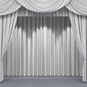 Wide stage curtains. Luxury wide velvet drapes, silk drapery. Realistic closed theatrical cinema curtain. 3D illustration
