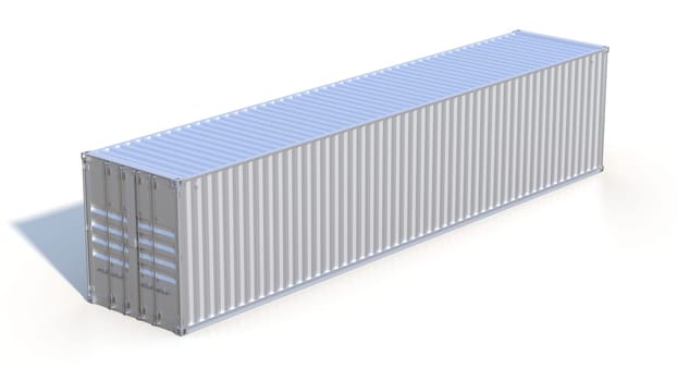 Ship cargo container 40 feet length. Grey metallic freight box with shadow isolated on white background. Marine olgistics, harbor warehouse, customs, transport shipping concept. 3D illustration