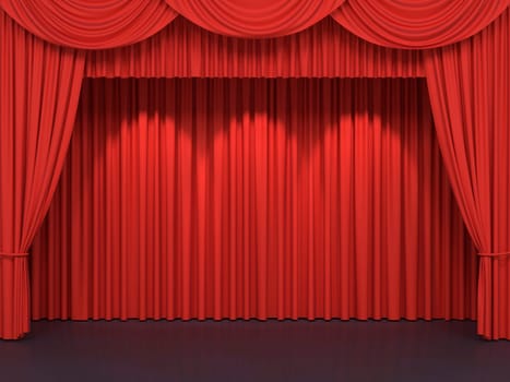 Red stage curtains. Luxury red velvet drapes, silk drapery. Realistic closed theatrical cinema curtain. Waiting for show, movie end, revealing new product, premiere, marketing concept. 3D illustration