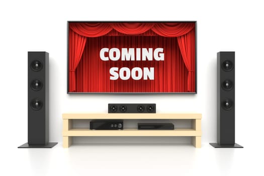 Coming Soon poster. Home cinema set with large lcd tv panel with theater curtains, music speakers, video player. Revealing new tv show, sale advertisement, movie presentation, concept. 3D illustration