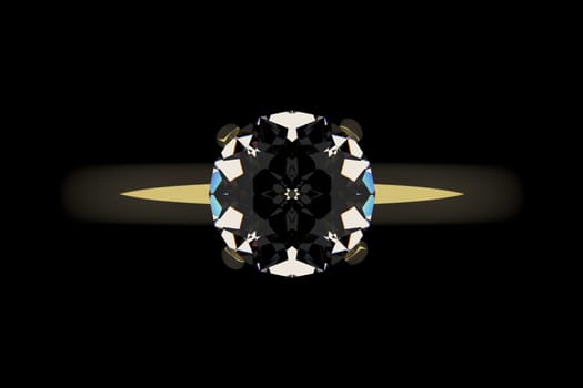 Golden ring with diamond, top view. Dark key, black background.