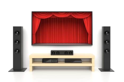 Home cinema set with large lcd tv panel with theater curtains, music speakers, video disc player. Movie presentation, blockbuster, revealing new tv show, sale advertisement concept. 3D illustration