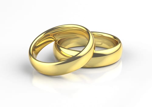 Two golden wedding rings in a heart shape on white background. Love and marriage concept. 3D illustration.