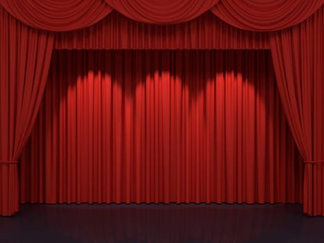 Red stage curtains. Luxury red velvet drapes, silk drapery. Realistic closed theatrical cinema curtain. Waiting for show, movie end, revealing new product, premiere, marketing concept. 3D illustration