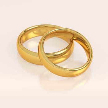 Two golden wedding rings in a heart shape on pink background. Love and marriage concept. 3D illustration.