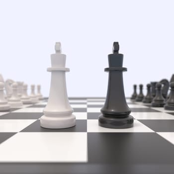 Two chess pieces on a chessboard. Black and white kings facing each other. Competition, discussion, agreement or opposition and confrontation concept.