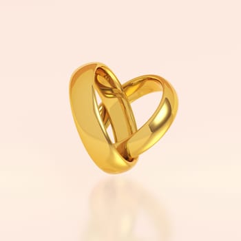 Two golden wedding rings in a heart shape on pink background. Love and marriage concept. 3D illustration.