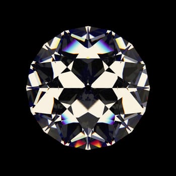Shiny white diamond isolated on black background, top view. High quality photo realistic image.