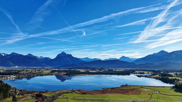 Aerial photo with drone of the Hopfensee lake in Bavaria in winter
