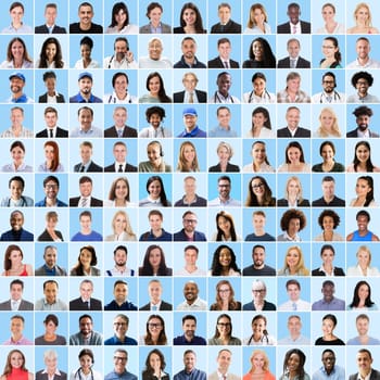 Collage Of Diverse Multi-ethnic Business People On Blue Background