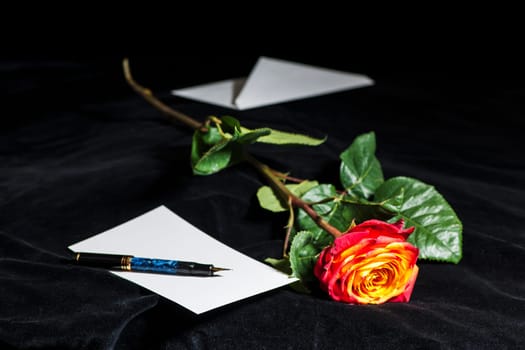 Close-up of a fiery red rose lying on black velvet with an envelope and a fountain pen.