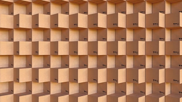 Cubes with markings for 3d render of shipment of things and goods. Storage container for delivering fragile items with gentle handling. Standard packaging for freight.
