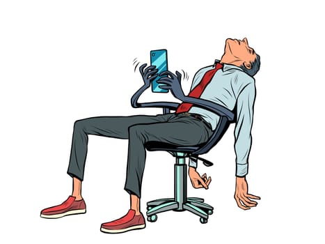 The businessman is tired and fell asleep, the robot chair continues to work for him and respond to messages in the smartphone. Pop Art Retro Vector Illustration Kitsch Vintage 50s 60s Style
