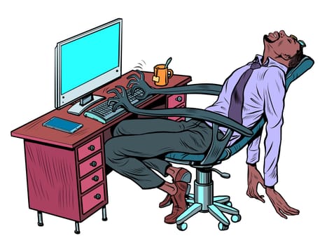 african manager sleeps at the workplace in the office. A robotic work chair works for a person. Pop Art Retro Vector Illustration 50s 60s Kitsch Vintage Style