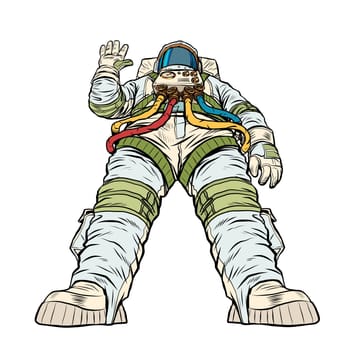 A giant astronaut in a majestic pose. Space exploration, hero of the universe. Isolate on a white background Pop Art Retro Vector Illustration Vintage Kitsch 50s 60s Style