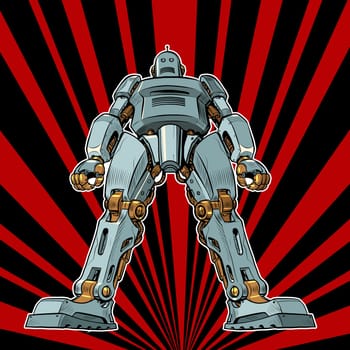 A giant robot stands in a majestic pose. Bottom up view. Artificial intelligence. Pop Art Retro Vector Illustration Vintage Kitsch 50s 60s Style