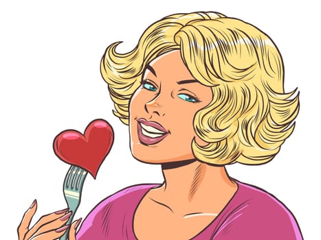 Beautiful woman eats a red heart valentine, love in a restaurant. Pop Art Retro Vector Illustration 50s 60s Kitsch Vintage Style
