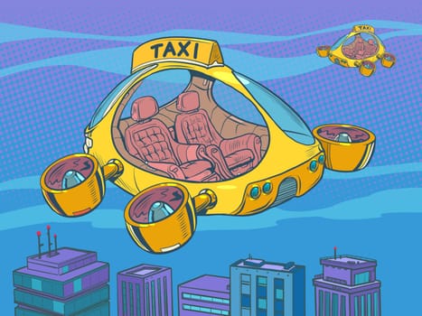 Drone air taxi, autopilot city transport. Helicopter of the future. Pop Art Retro Vector Illustration 50s 60s Vintage kitsch Style