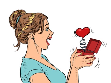 a woman girl looks at a red heart box valentine surprise greeting, love romance. Pop Art Retro Vector Illustration 50s 60s Vintage kitsch Style
