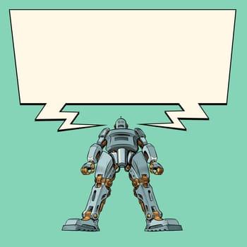 A giant robot stands in a majestic pose. Bottom up view. Artificial intelligence. Pop Art Retro Vector Illustration Vintage Kitsch 50s 60s Style