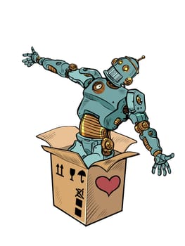 robot mechanical toy box valentine surprise greeting, love romance. isolate on a white background Pop Art Retro Vector Illustration 50s 60s Vintage kitsch Style
