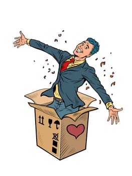 Groom man businessman box valentine surprise greeting, love romance. Isolate on a white background Pop Art Retro Vector Illustration 50s 60s Vintage kitsch Style