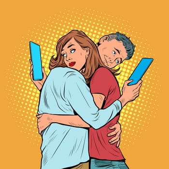 A couple of a man and a woman are watching smartphones. Problems dependence on social networks. Pop Art Retro Vector Illustration Vintage Kitsch 50s 60s Style