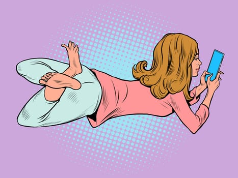 a teenage woman lies and watches a smartphone, lifestyle new technologies, chat on social networks. Pop Art Retro Vector Illustration Vintage Kitsch 50s 60s Style