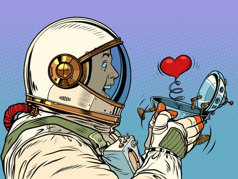 Surprised male astronaut looks at a red heart in a UFO flying ship box valentine surprise greeting, love romance. Pop Art Retro Vector Illustration 50s 60s Vintage kitsch Style