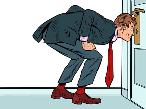 Male businessman peeping through the keyhole, secrets surveillance espionage. Pop Art Retro Vector Illustration 50s 60s Vintage kitsch Style