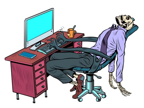 The businessman died in the office, but the robot chair continues to work for him on the computer. Pop Art Retro Vector Illustration Kitsch Vintage 50s 60s Style