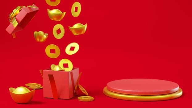 Chinese new year day festival concept. Display podium cylinder, Gold wealth coins and ingot fall off to opened red gift box on red background, CNY scene design, 3D Rendering Illustration