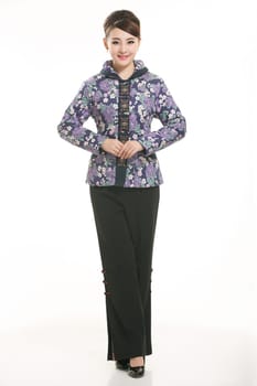 Wearing Chinese clothing waiter in front of a white background