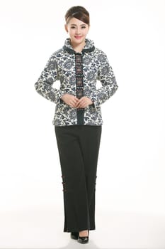Wearing Chinese clothing waiter in front of a white background
