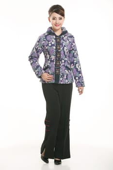 Wearing Chinese clothing waiter in front of a white background