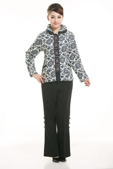 Wearing Chinese clothing waiter in front of a white background