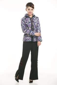 Wearing Chinese clothing waiter in front of a white background