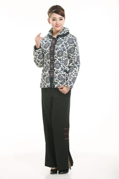Wearing Chinese clothing waiter in front of a white background