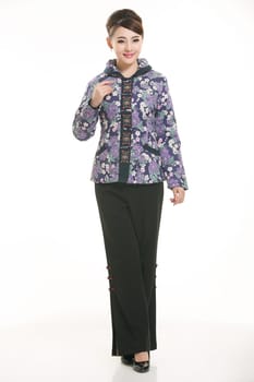 Wearing Chinese clothing waiter in front of a white background