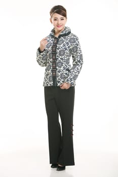 Wearing Chinese clothing waiter in front of a white background