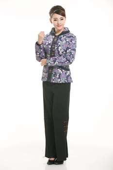 Wearing Chinese clothing waiter in front of a white background