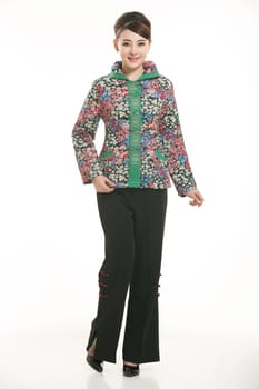 Wearing Chinese clothing waiter in front of a white background