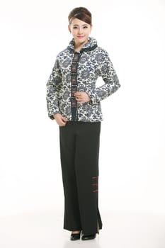 Wearing Chinese clothing waiter in front of a white background