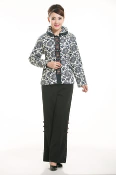 Wearing Chinese clothing waiter in front of a white background