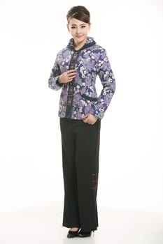 Wearing Chinese clothing waiter in front of a white background