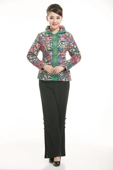 Wearing Chinese clothing waiter in front of a white background