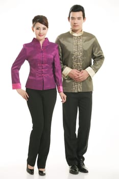 Wearing Chinese clothing waiter in front of a white background