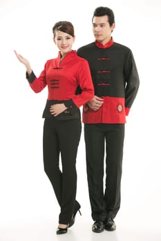 Wearing Chinese clothing waiter in front of a white background